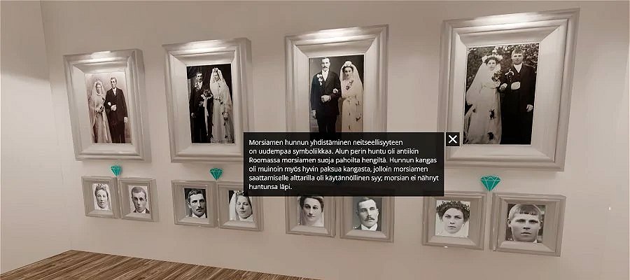 Häämuseossa liikutaan kuin tietokonepelissä. Klikkaile museossa liikkuessasi timantteja ja i-merkkejä saadaksesi knoppitietoja häistä ja tarkastellaksesi kuvakirjoja.